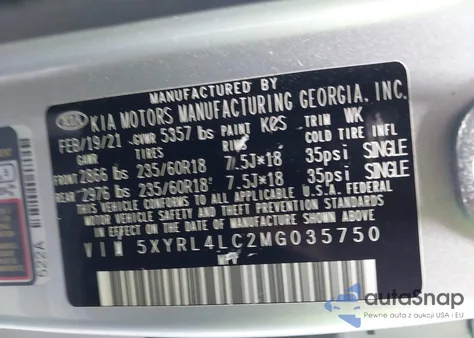 2021 Kia Sorento S z USA, uszkodzony, nr VIN 5XYRL4LC2MG035750